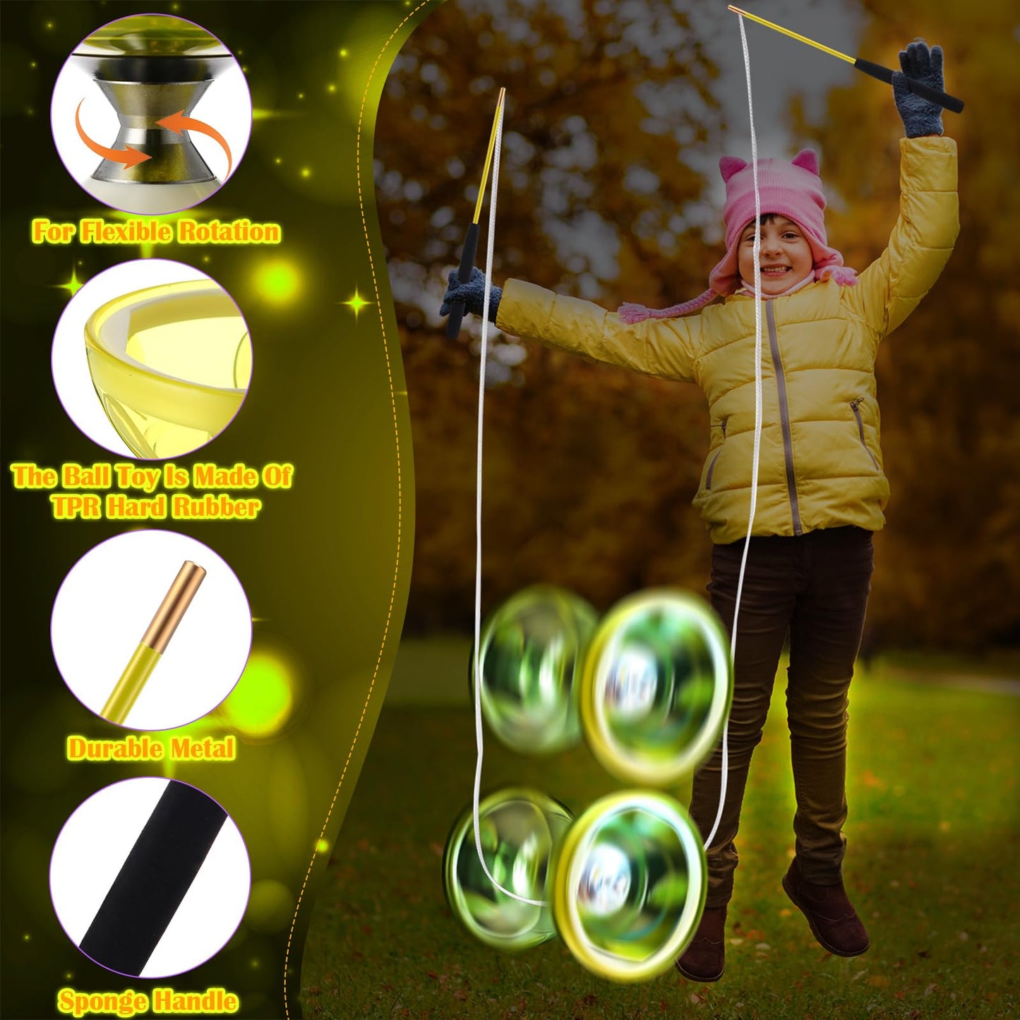 Simgoing Chinese Yoyo Diabolo Set Includes Colorful Led Diabolo Toy Light Up With 2 Pieces Sticks, 1 Piece String, 1 Net Bag For Fun(Yellow)