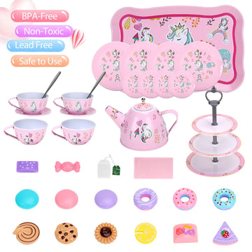 Auney Tea Set Toys for Girls 36pcs, Tin Unicorn Tea Party Set Toy Pretend Play Gifts for Little Girls Age 3-6, Kids Girls Toys G