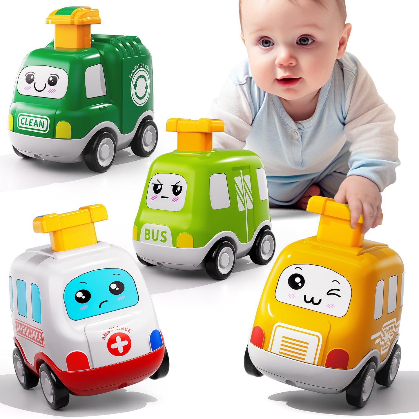 Jukudahu City Press And Go Car Toys For Toddlers 1-3 - 4 Pcs Kids Play Cars, Ambulance, Sanitation Car, Bus And School Bus, Car