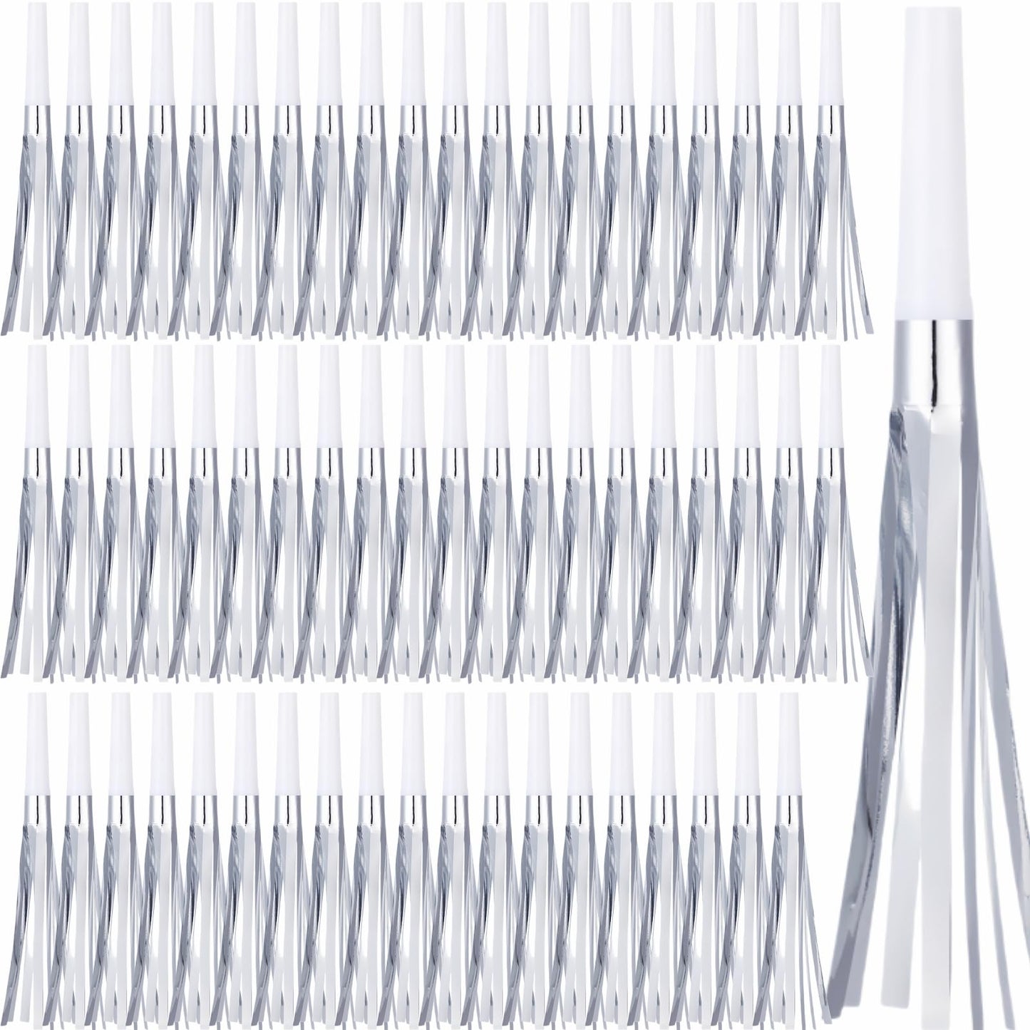 LCPQMZGH 60 Pcs Gold Noise Makers, Metallic Fringed Noise Makers for New Year Party Favor Supplies (Silver White)