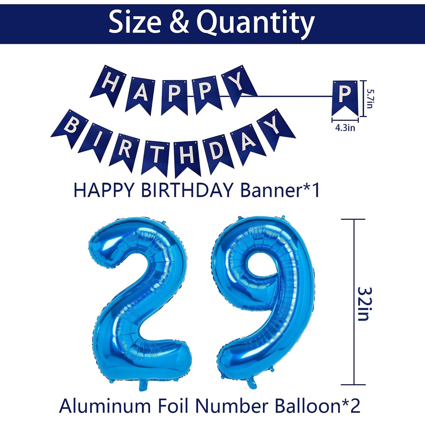 Naninuneno 29Th Blue Birthday Party Decorations For Boy Girl Men Women, Happy 29 Birthday Balloons Supplies With Happy Birthday