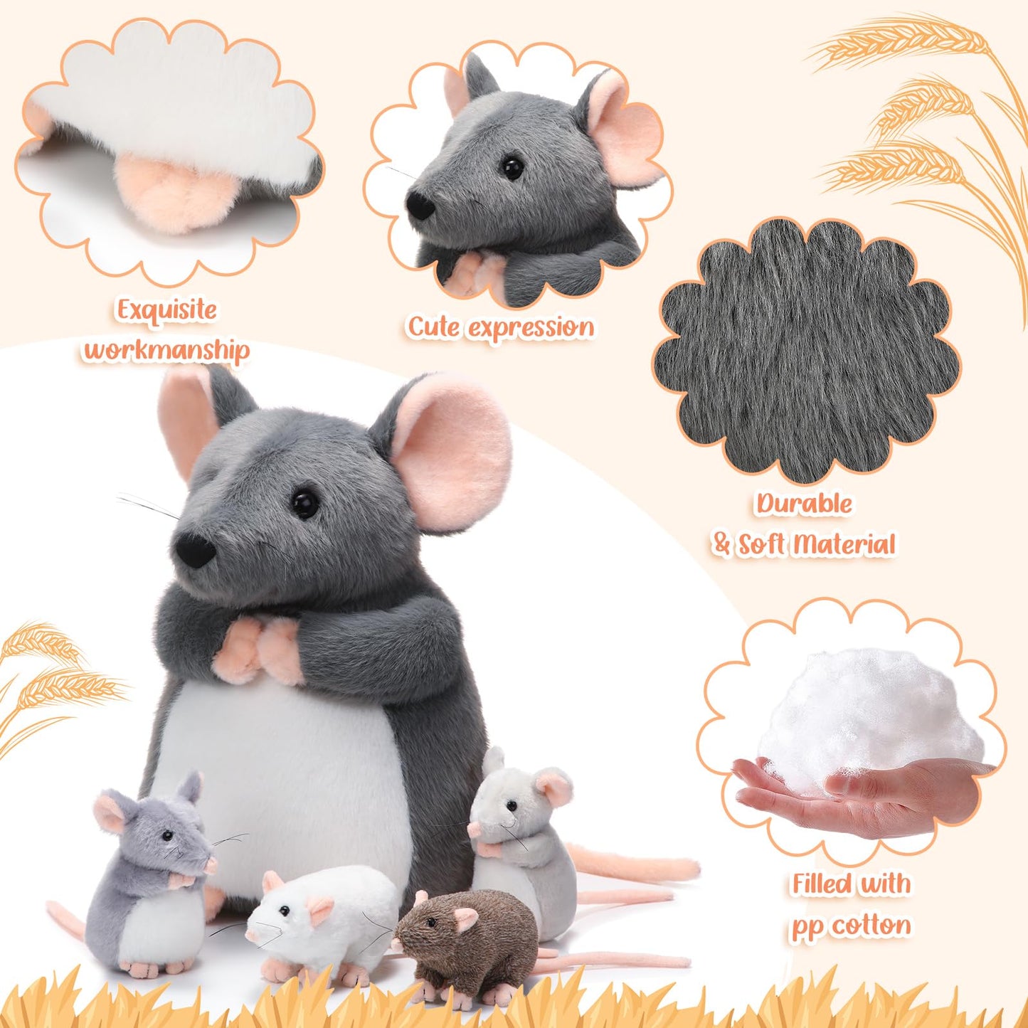 Arrowbash 5 Pcs Mouse Stuffed Animals Set 14'' Large Mommy Rat Plush With 4 Small Mouse Babies In Her Zippered Tummy Stuffed Rat