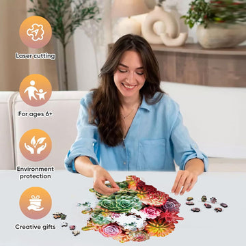 Wooden Puzzles For Adults 500 Piece, Colorful Succulent Puzzle For Mom, Challenging Puzzle, Luxurious Shaped Wooden Puzzles For