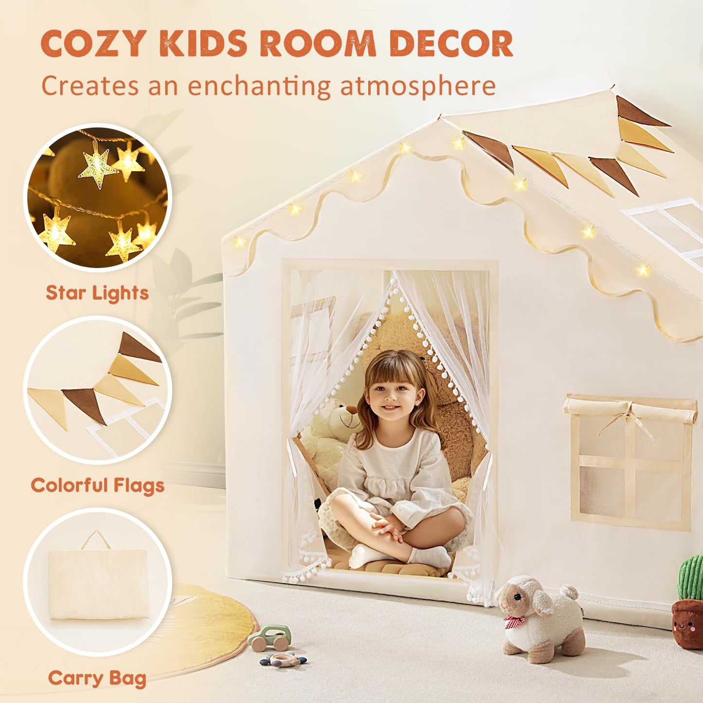 Piikago Kids Tent Indoor With Star Lights And Flags - Play Tent For Kids Ages 4-8, Large Toddler Playhouse For Girls Boys, 57''