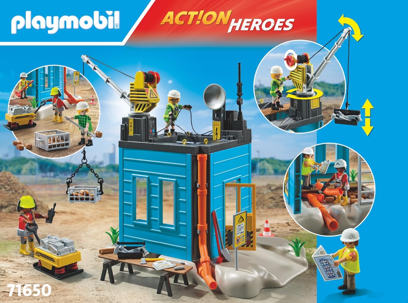 Playmobil Action Heroes Promo Pack 71650 Construction With Three Figures, Mobile Crane And Many Additional Extras Toys For Boys