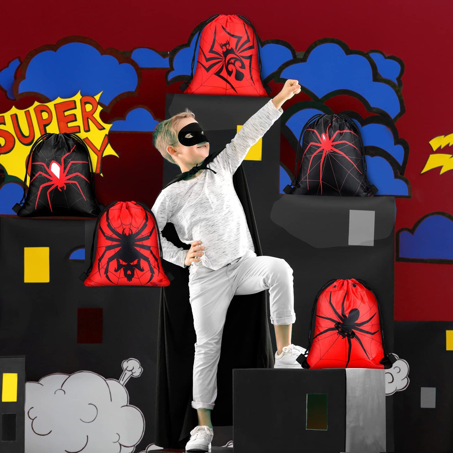 Lothee 32 Pieces Spider Web Birthday Party Decoration Set Spider Web Drawstring Bags Funny Travel Sack Backpack Rubber Bracelets