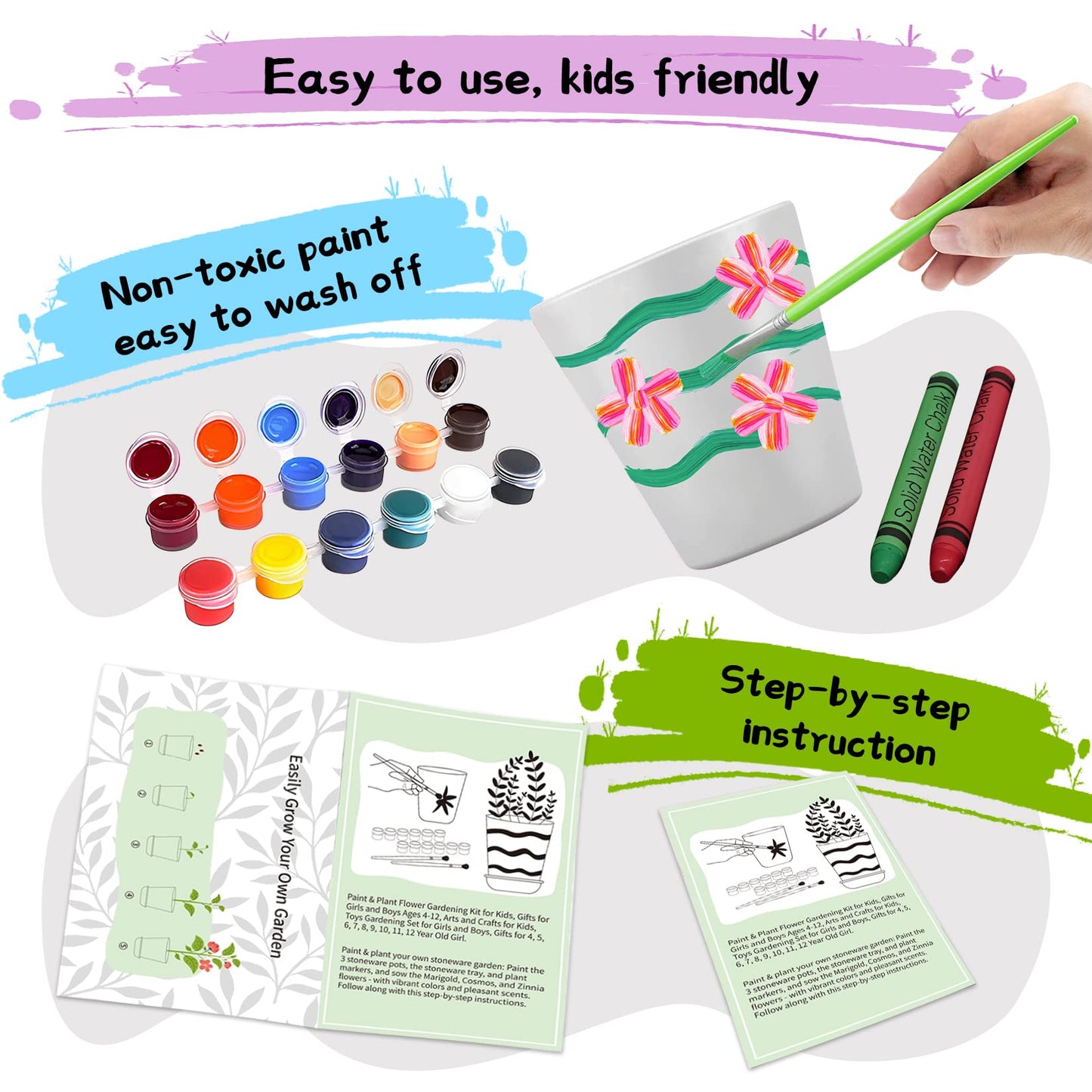 Paint & Plant Childrens Gardening Kit For Girls Boys Toys Garden Flower Gardening Gift For Kids Flower Pots Seeds Art Craft Grow