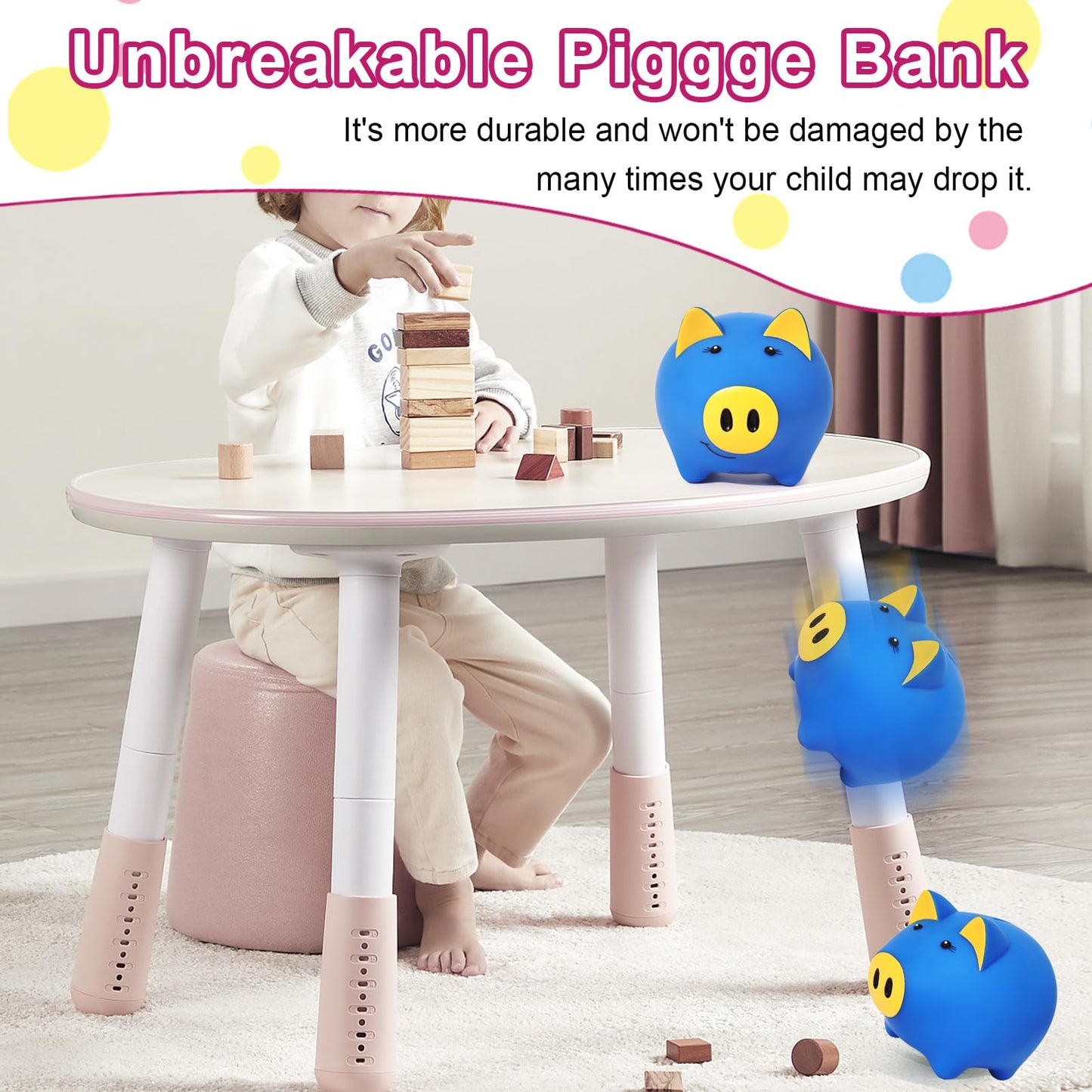 Laebuild Piggy Bank For Kids - Cute Piggy Bank For Boys And Girls - Unbreakable Plastic Money Bank - Pig Shape Coin Bank - Children'S Toy Safe Fluorescent Gift Savings Jar - Dark Blue