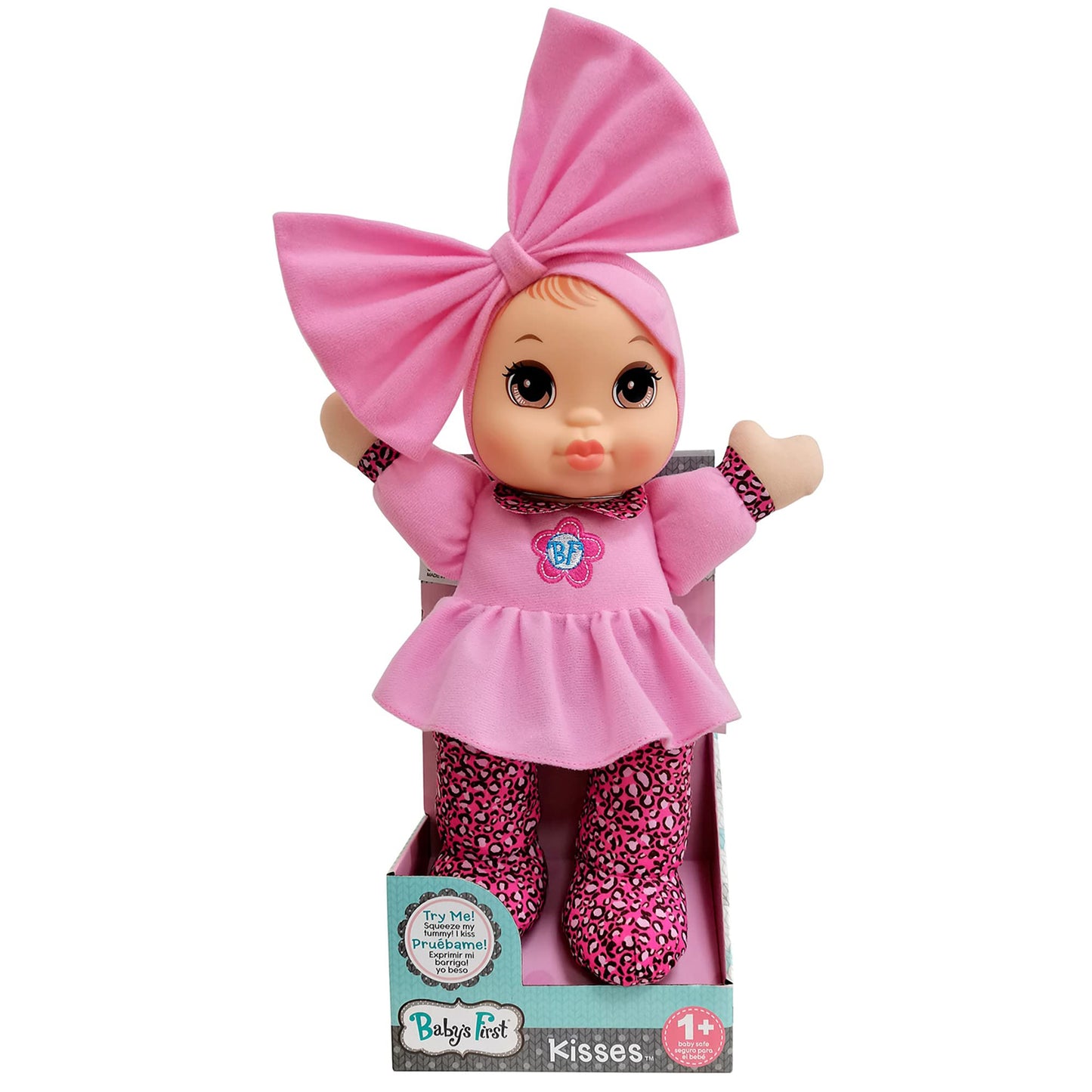 Baby'S First Soft & Cuddly Baby Kisses Doll - Dressed In Pink Top And Print Leggings - Press Her Tummy For A Sweet Kisses Sounds And Says I Love You