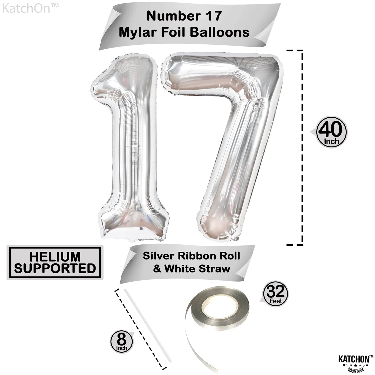 Katchon, Giant Silver 17 Balloon Numbers - 40 Inch | Happy 17Th Birthday Decorations For Boys, Silver 17 Birthday Balloons | 17 Number Balloons | Number 17 Balloons, 17 Birthday Decorations For Girls