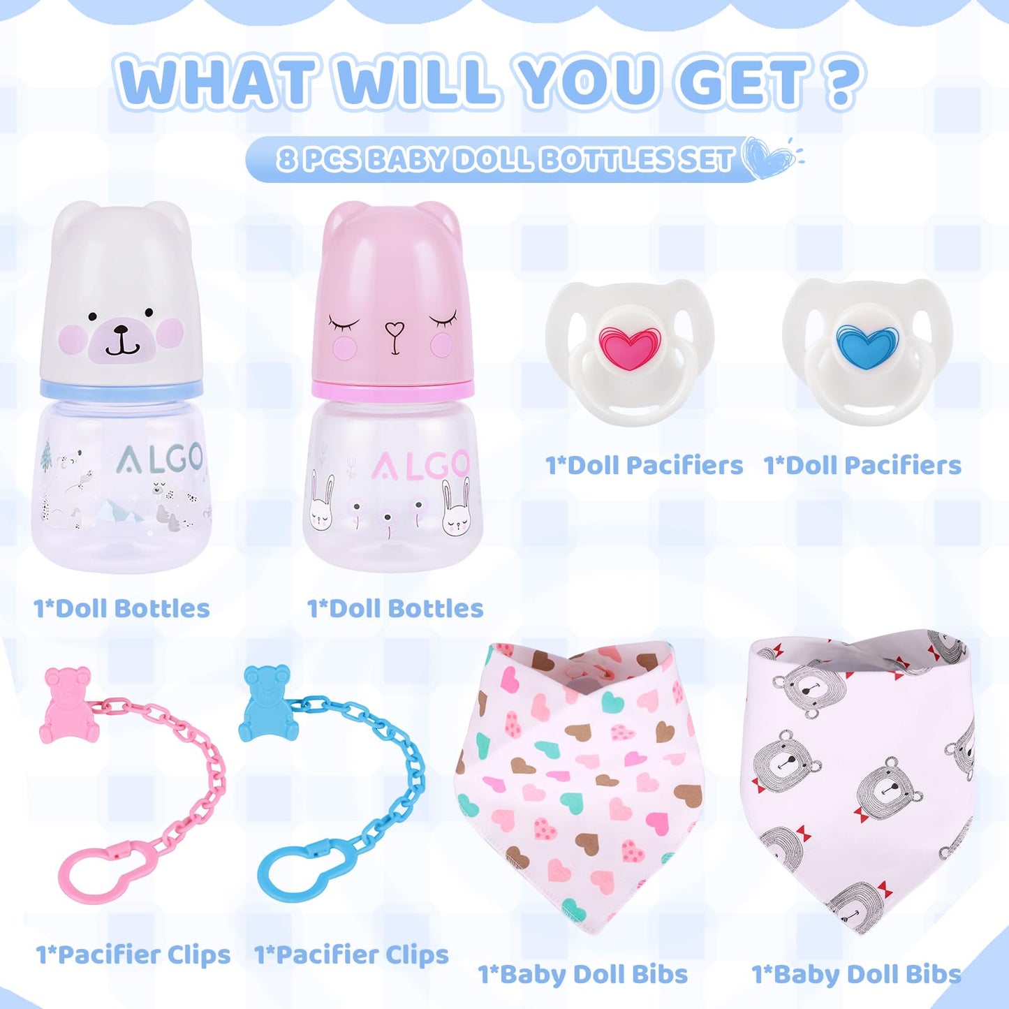 Babeside Baby Doll Bottles Set With Baby Doll Bibs Doll Pacifiers And Pacifier Clips Chain, Cute Baby Doll Feeding Set For Rebor
