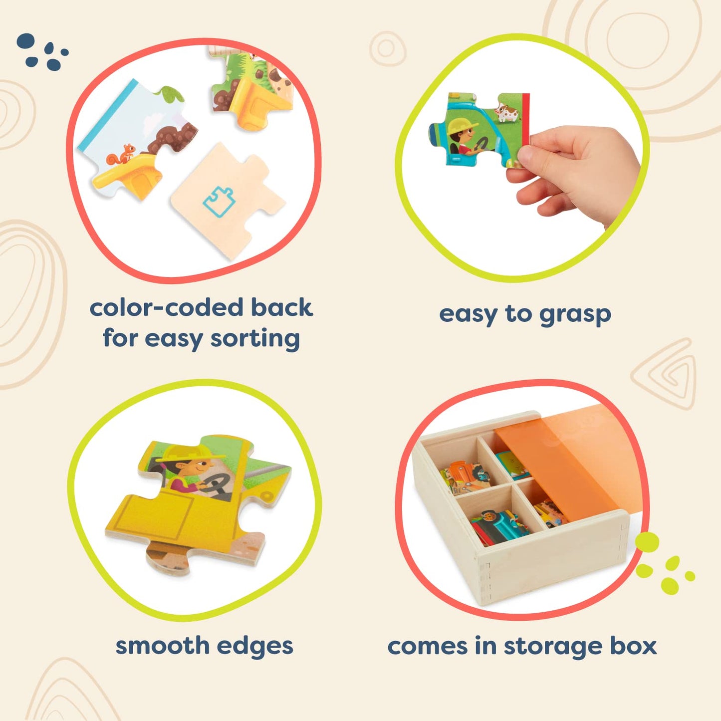 B. Toys- Pack O' Puzzles - Trucks- Wooden Puzzle Set – 4 Truck Puzzles – Car Carrier, Loader, Excavator, Dump Truck – 12-Piece Jigsaw Puzzles For Kids – 3 Years +