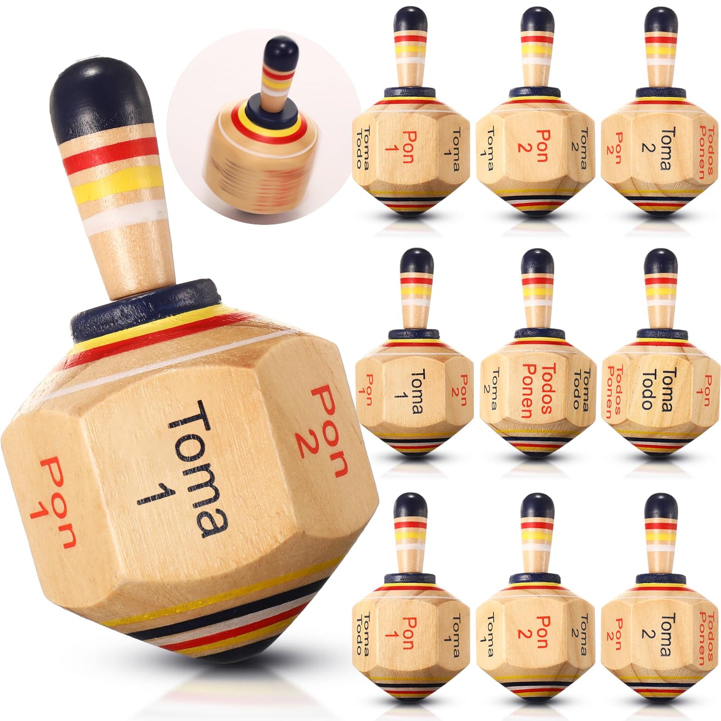 Poen 10 Pieces Large Wooden Toma Todo Bulk, 4.5 Inch Classic Mexican Wood Spinning Top Game For Kids And Adults, Pirinola Toma T