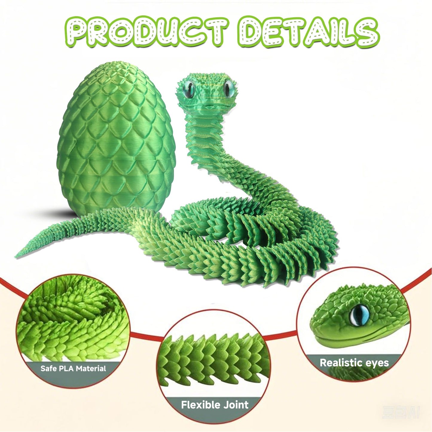 Byojia 3D Printed Snake Toys, 23.6'' Large Size Snake Eggs With Flexible 3D Articulated Snake Inside, Eco-Friendly Fidget Adhd S