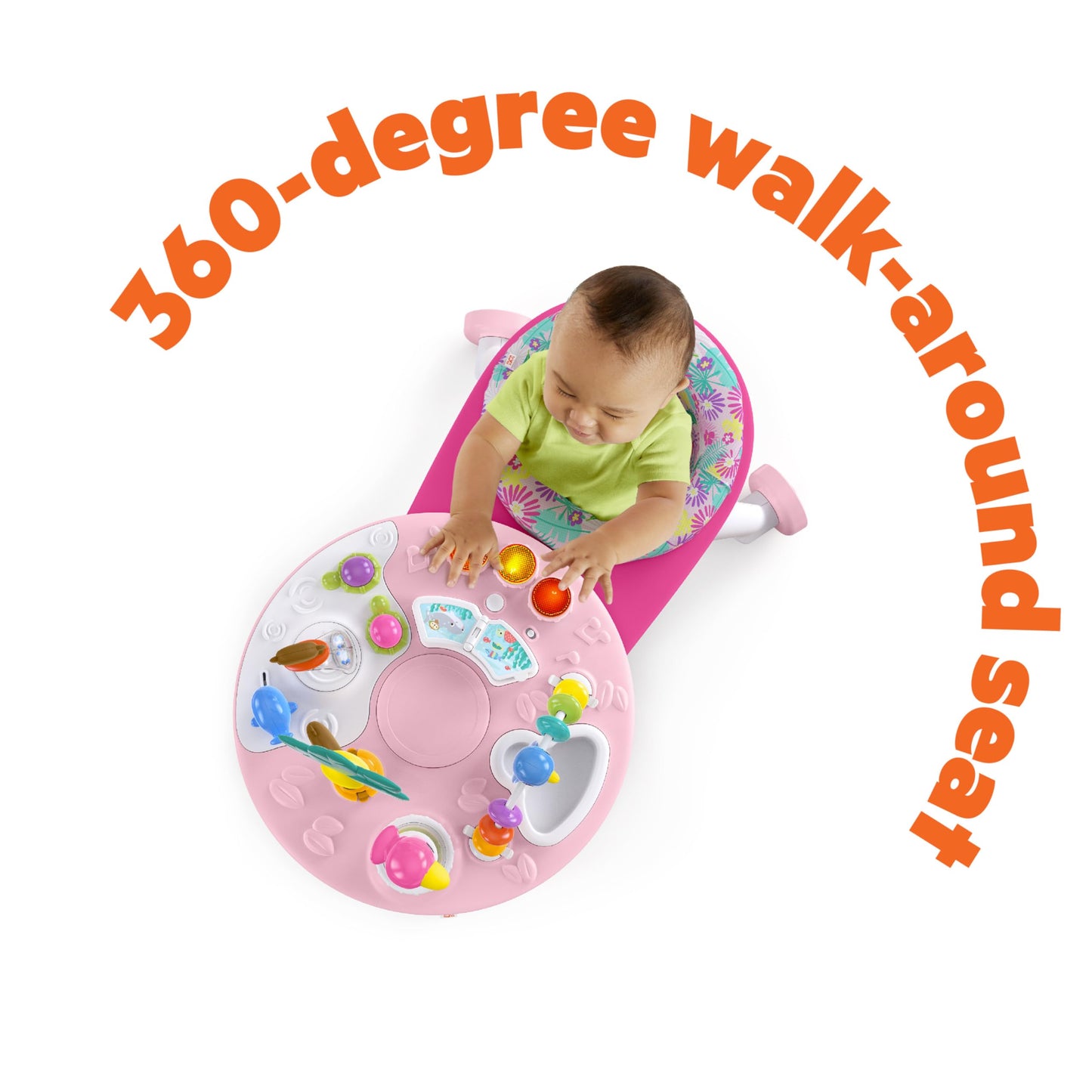 Bright Starts Around We Go 2-in-1 Baby Walker, Discovery Activity Center and Table, Tropic Coral, Ages 6 Months+