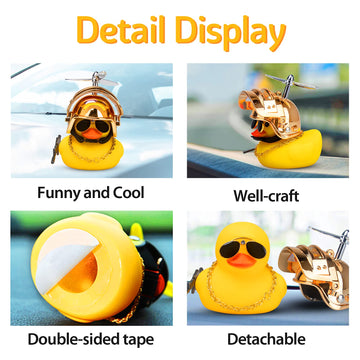 wonuu Rubber Yellow Duck Car Ornaments Cool Duck Car Dashboard Decorations with Propeller Helmet Sunglasses (Dazzling Gold-Yellow G)