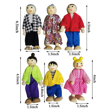 Wooden Dollhouse People, 6 Family Figures Miniature Doll House, Wooden Doll House Family Dress-Up Characters Grandpa, Grandma, Mom, Dad, Boy And Girl