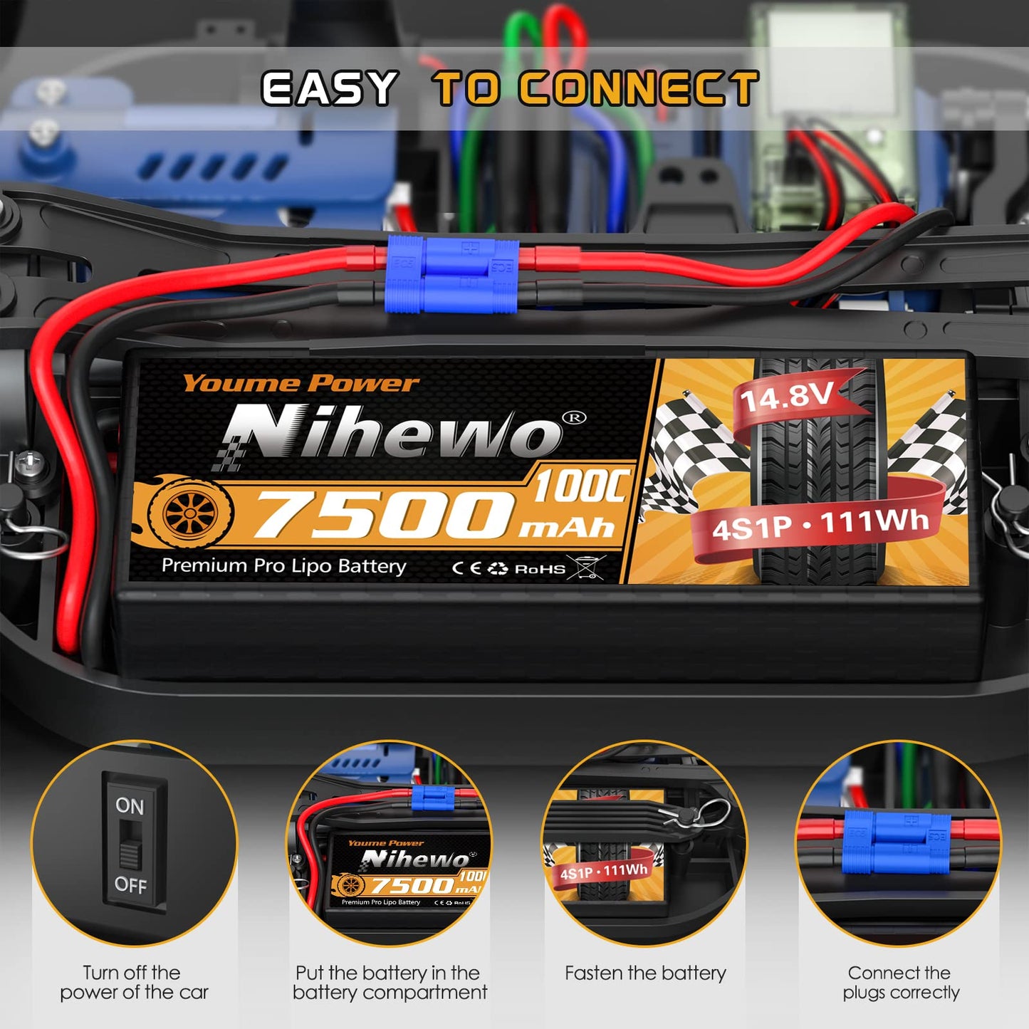 Nihewo 2Packs 4S Lipo Battery, 14.8V 7500mAh Lipo Batteries Hardcase 100C EC5 Plug Compatible with Arrma E-flite 1/5 1/6 1/7 1/8