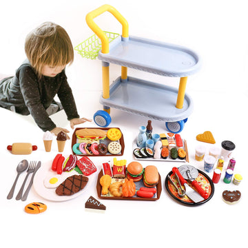 Kids food cart toy sets,Kids Role Play Large Dining car Toys and 98pcs Food, Kitchen, Tableware Accessories., Educational Toys f