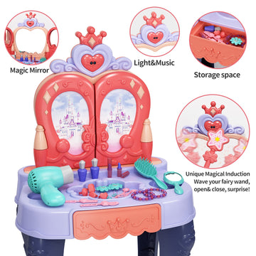 Eohemeral Toddler Vanity Makeup Table With Mirror And Chair, Open Doors By Gestures,Toddler Kids Vanity Set With Music Sound & L