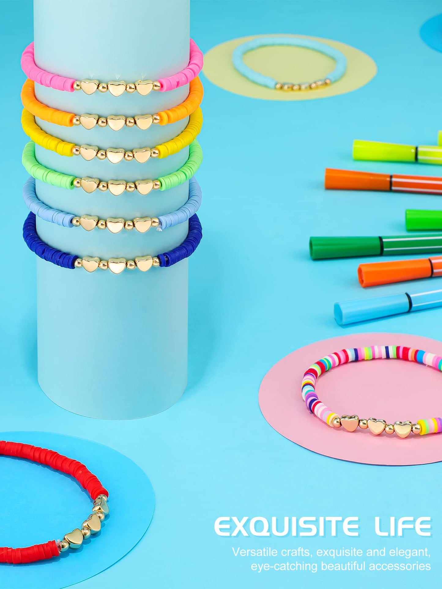 Sureio 24 Pcs Colorful Friendship Bracelets Letter Heart Smile Bracelets Surfer Bracelets Stretch Beaded Kids Bracelet for Girls