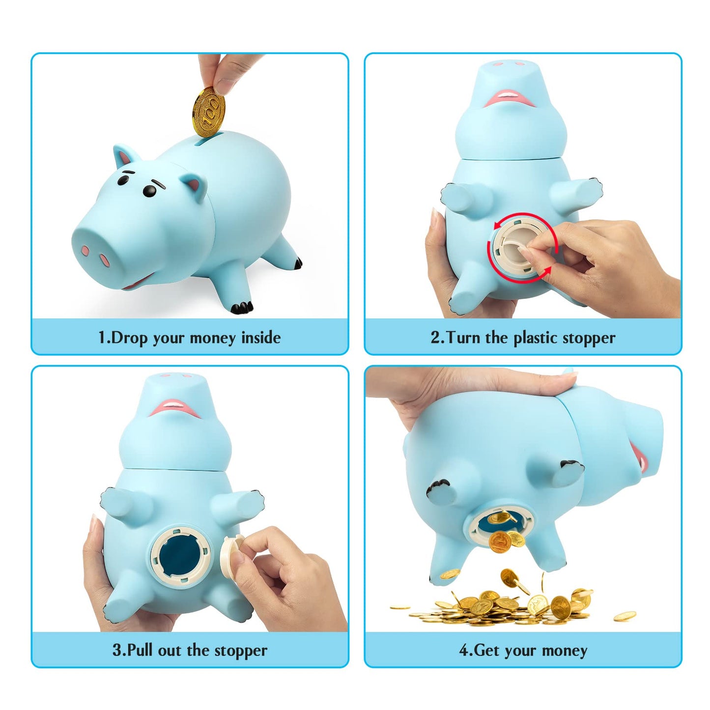 Hamm Piggy Bank, Cute Plastic Coin Bank For Boys And Girls, Unbreakable Pig Money Bank For Kids Gift (Blue)