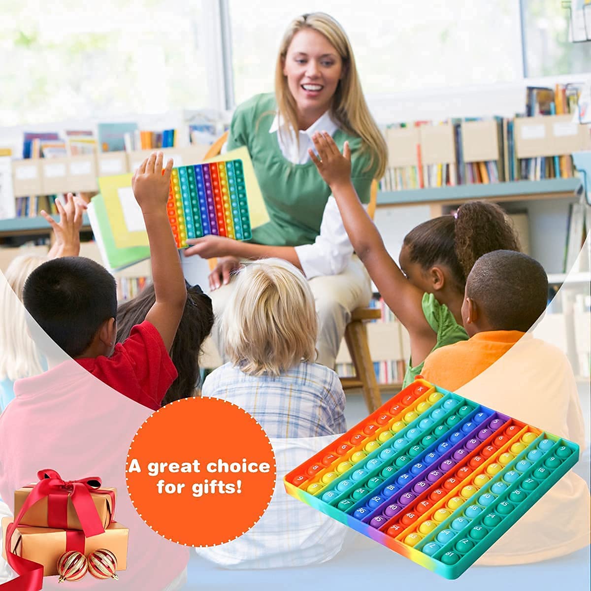 Dk-Simina Large P0Pp With Numbers, Rainbow Square Dimples Fidgett Ttoy 100 Bubble Math Toy Learning Tool For Teachers To Make Various Math Operations (1-100 Numbers)