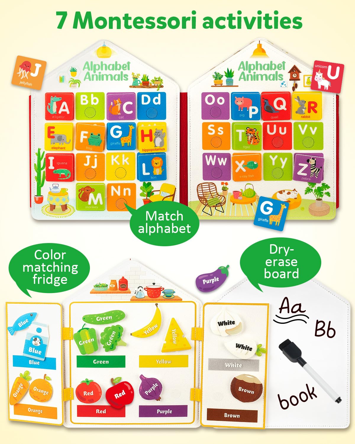 Coogam Toddler Felt Montessori Busy Book, Activity Sensory Boards Fine Motor Skill Quiet Book Car Travel Binder Autism Toys Preschool Learning Educational Gift For 3 4 5 Year Old
