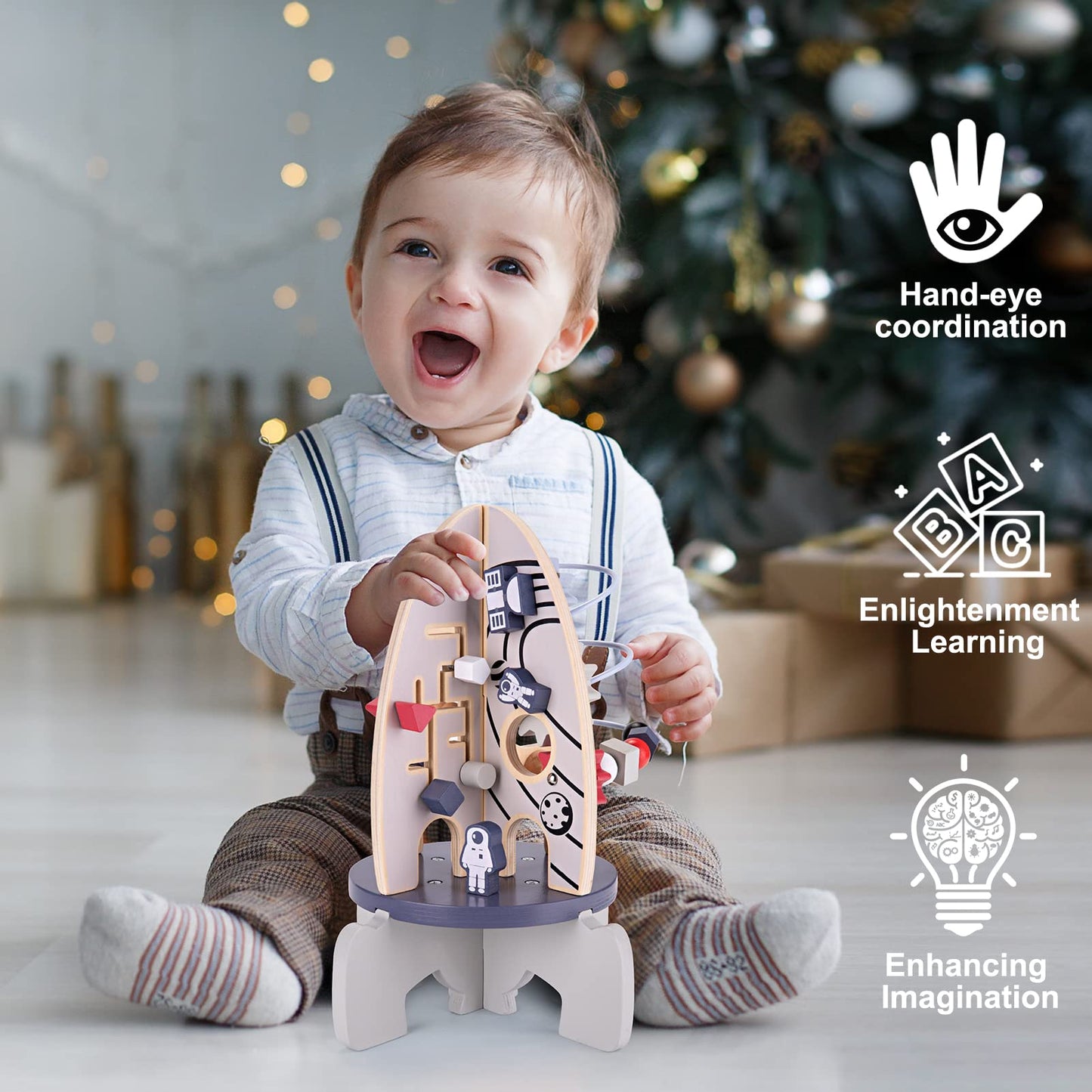 Wdmiya Space Wooden Activity Cube Toys For Baby, Montessoritoys For 1 Year Old Boy & Girl Birthday Gifts, Sensory And Educational 1St Birthday Gifts, Busy Board Toys For Baby Boy 6-18 Months (Rocket)