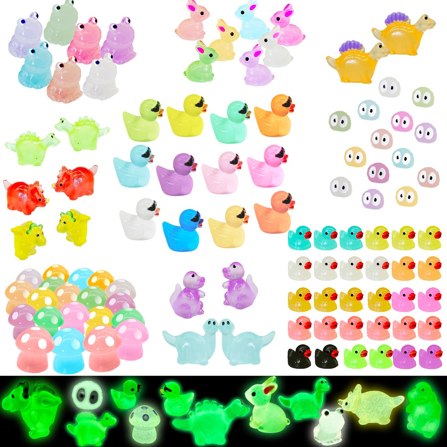 107Pcs Luminous Mini Resin Animals Mini Animals Figures To Hide Miniature Figurines Glow In Dark Ducks Dinosaurs Frogs, 7 Combination Sets For Landscape Dollhouse Decor Fairy Garden Accessories