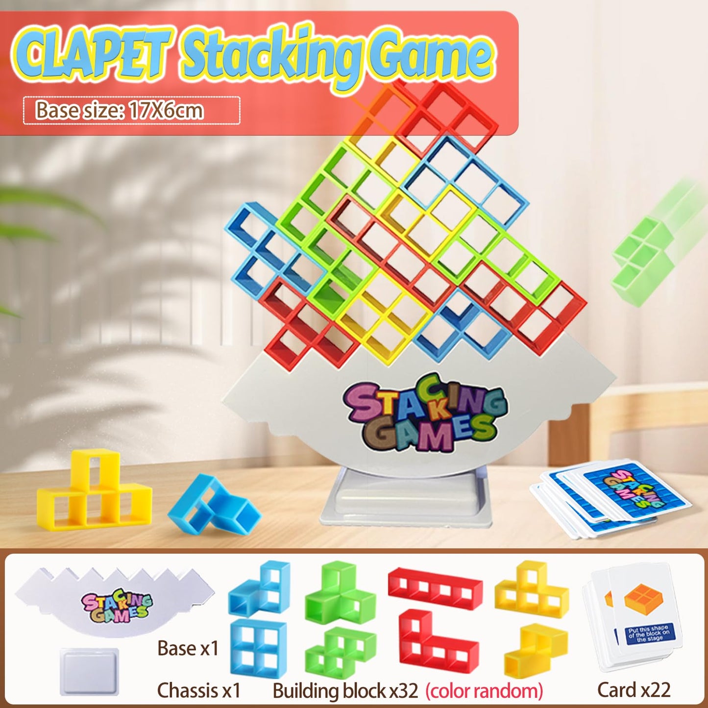 Clapet 32 Pcs Tetra Tower Stacking Game, Fun Balance Building Blocks Board Games For Kids Adults Family Party, Toys Gifts For Bo