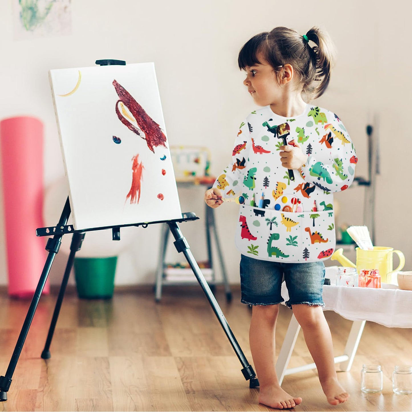 Bassion Smocks For Kids, Toddler Art Smock Artist Painting Aprons Waterproof Long Sleeve With 3 Pockets For Age 2-6 Years
