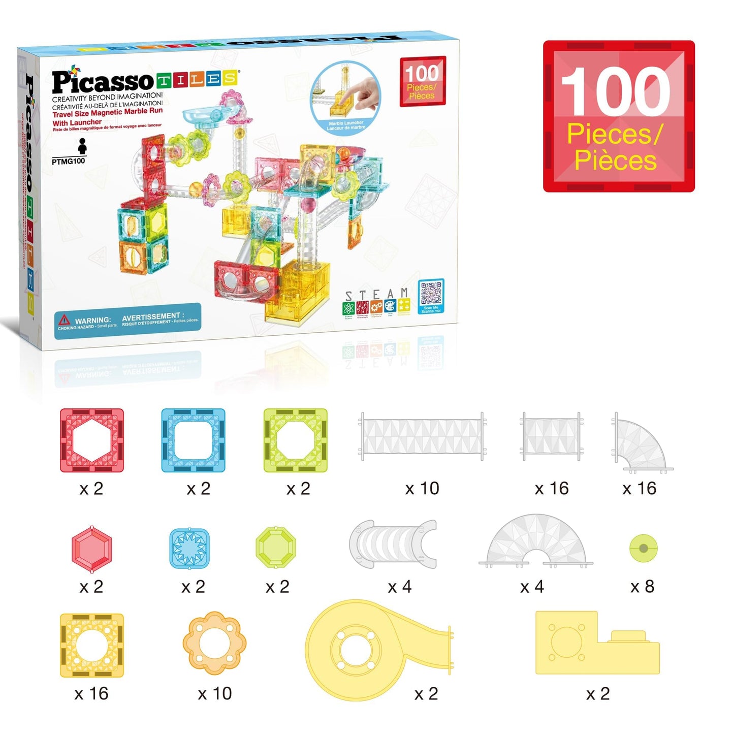 Picassotiles 100 Piece Magnetic Marble Run Travel Size Sensory Toddlers Construction Toy Set Mini Diamond Magnet Tiles Marbles F