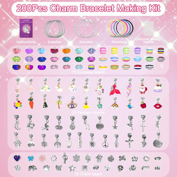 Redtwo 200 Pcs Charm Bracelet Making Kit, Friendship Jewelry Making Supplies Unicorn/Mermaid/Birthday Gifts Toys For Teen Girls