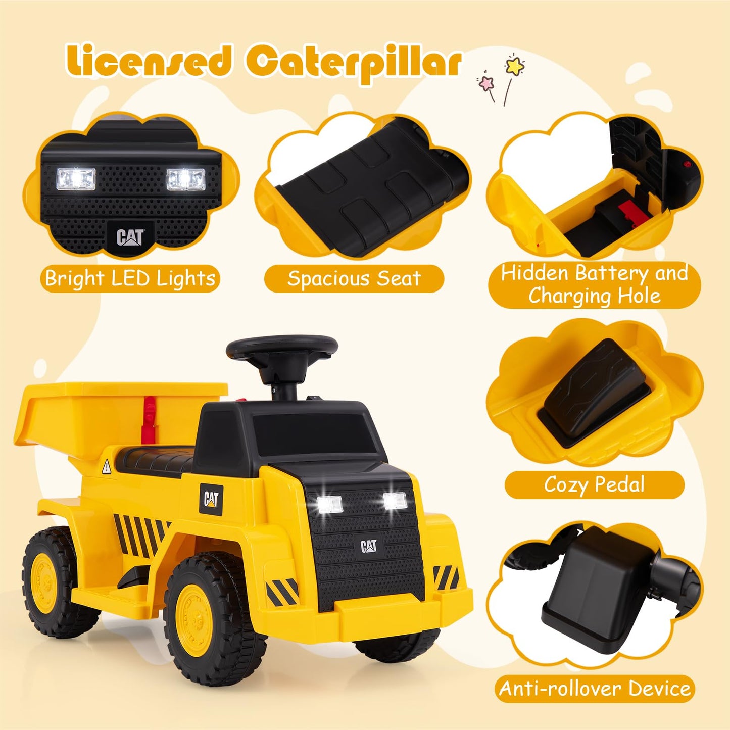 Costzon Ride on Dump Truck, 6V Licensed Caterpillar Ride on Construction Vehicle with Adjustable Dump Bed, Horn & LED Lights, Ki