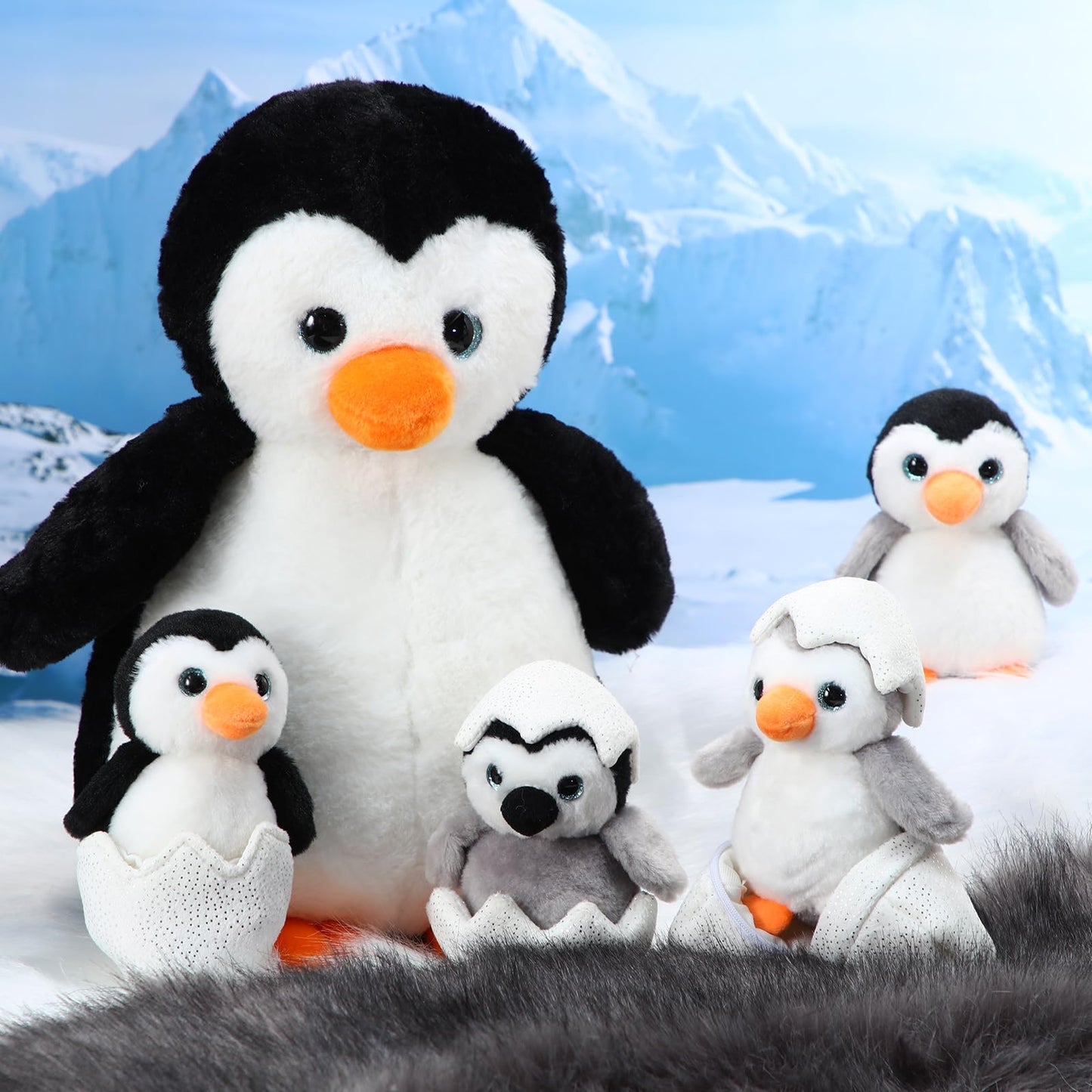 Aoriher 7 Pcs Penguin Stuffed Animal Set - 14 Inch Plush Mommy Penguin & Babies, Soft Fabric, Black/White/Gray, Model HS-Aoriher-21400