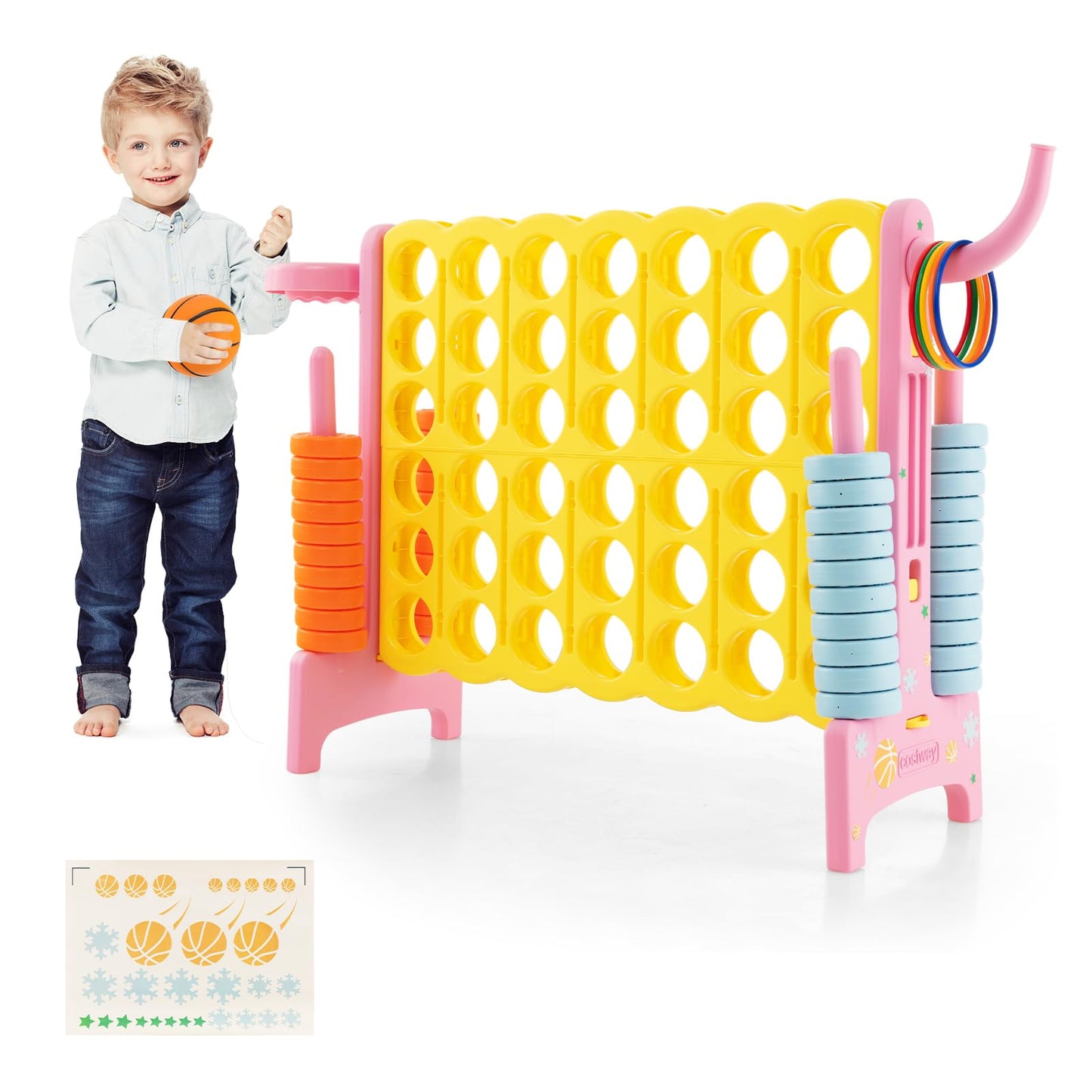 Costway Jumbo 4-To-Score Giant Game Set For Kids & Adults, 2.5Ft Indoor Outdoor Game With Basketball Hoop, Ring Game, 42 Jumbo R