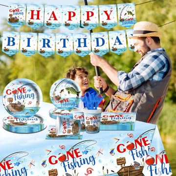 142 Pcs Gone Fishing Tableware,Fishing Birthday Party Decoration Little Fisherman Gone Fishing Themed Disposable Tablecloth,Plat