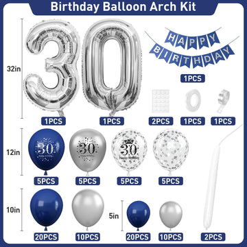 30Th Birthday Decorations Navy Blue Silver,30Th Birthday Balloon Garland Party Decorations With Number 30 Foil Balloons,Happy Bi