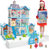 Blue Dolls Houses For Girls With Light, 1 Dolls, 2 Pets, 2 Floors - 8 Rooms, 215 Pcs Ice Dream Girls House Pretend Play Toy Set