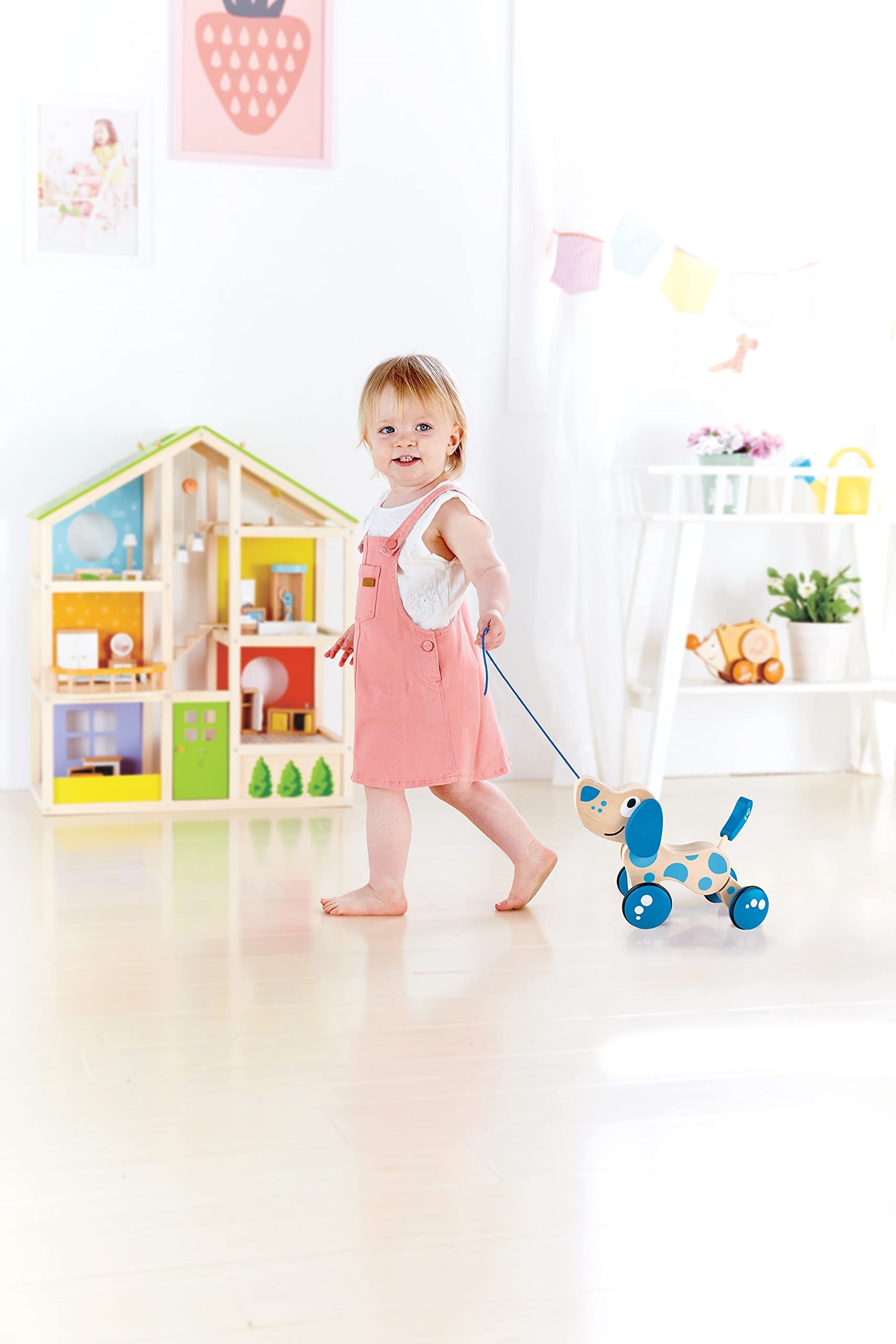 Hape Walk-A-Long Puppy Wooden Pull Toy | Push Pull Toy Puppy For Toddlers Can Sit, Stand And Roll. Rubber Rimmed Wheels For Easy Push And Pull Action, Blue