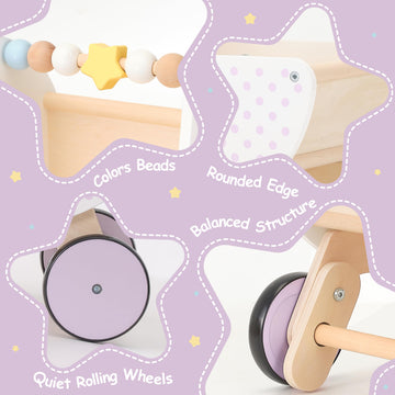 Pillowhale Wooden Baby Walker & Doll Stroller - Adjustable Handle Push Cart, Anti-Tip, Quiet Wheels, Pretend Shopping Cart - M