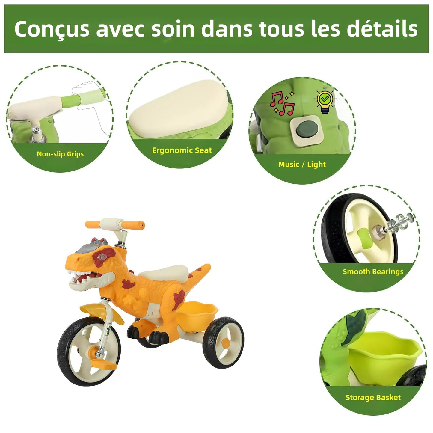 VIZZTY Dinosaur Kids Tricycle - Medium Orange Plastic Bike with Music & Storage Basket for Toddlers 3-7 Years Old