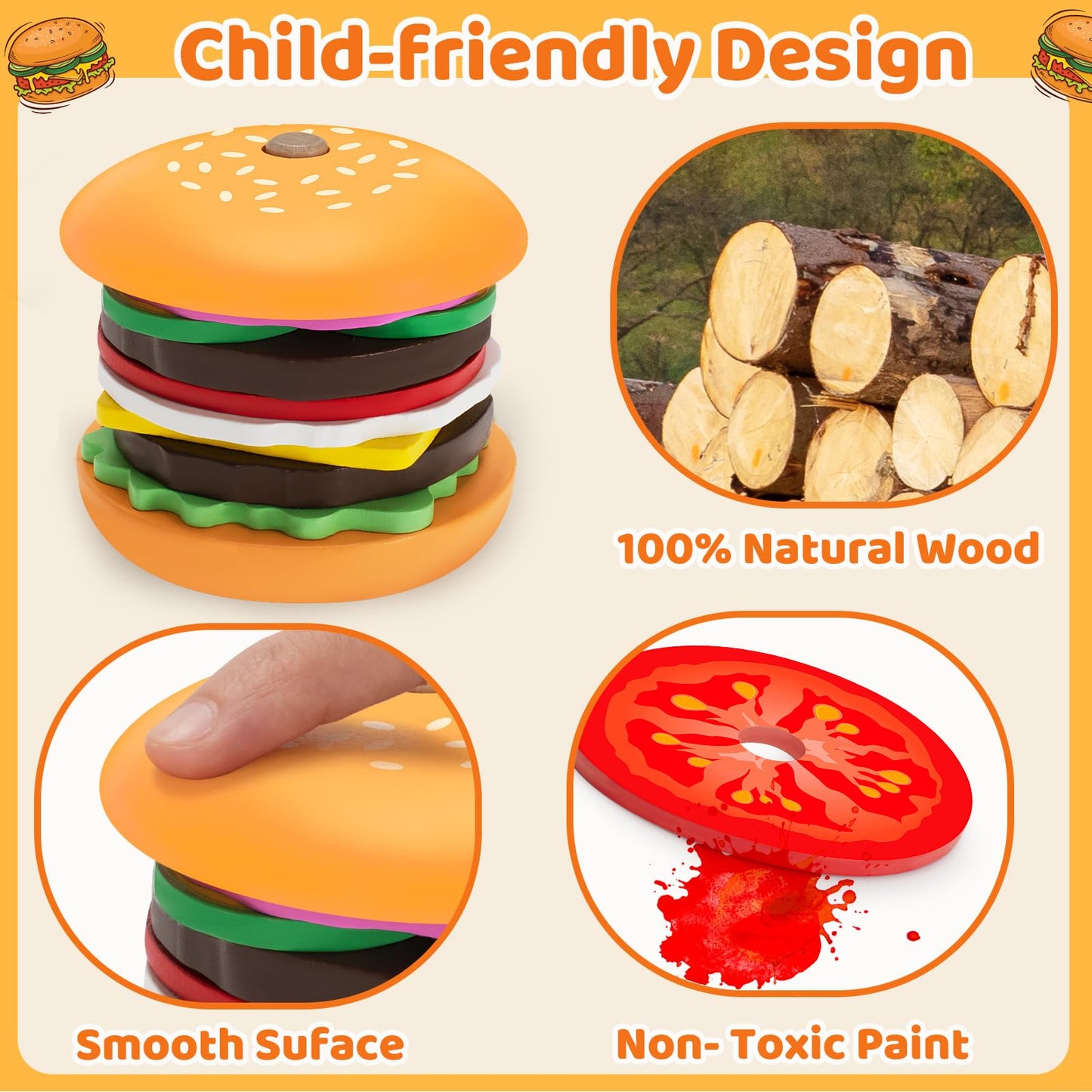 Jumlys Montessori Toys For 2, 3, 4, 5, Year Old, Wooden Burger Stacking Toys, Fine Motor Toys For Kids Boys Girls, Ideal Prescho