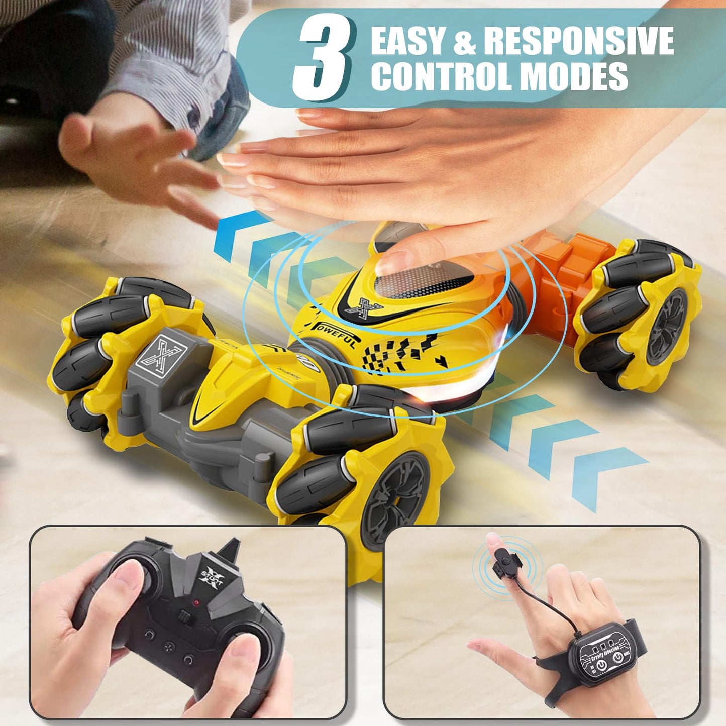 TIOYOTY RC Stunt Car, 2.4Ghz Remote Control Sensor 4WD Offroad Car, High Speed Drift 360 Rotating Twist Toy Car with Music Light
