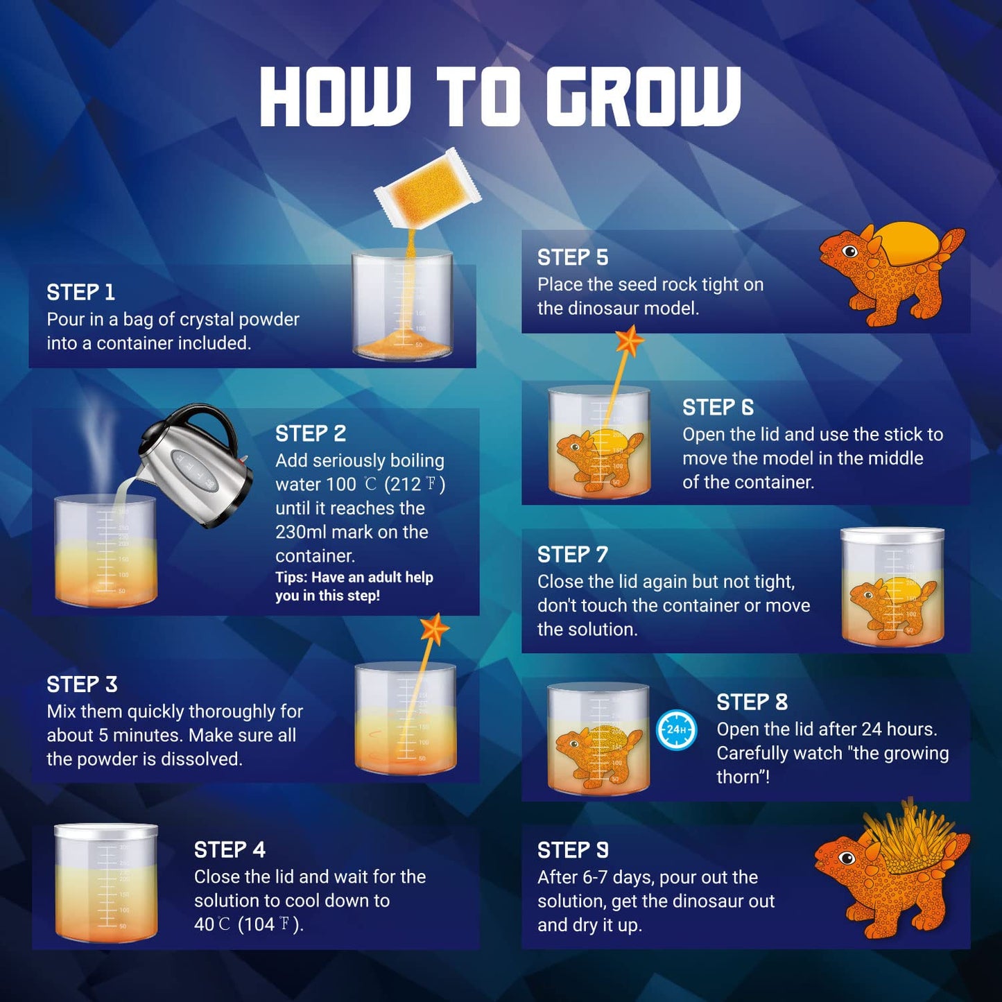 Xxtoys Crystal Growing Kit For Kids - 3 Vibrant Colored Dinosaurs To Grow - Science Experiments For Kids - Crystal Science Kits