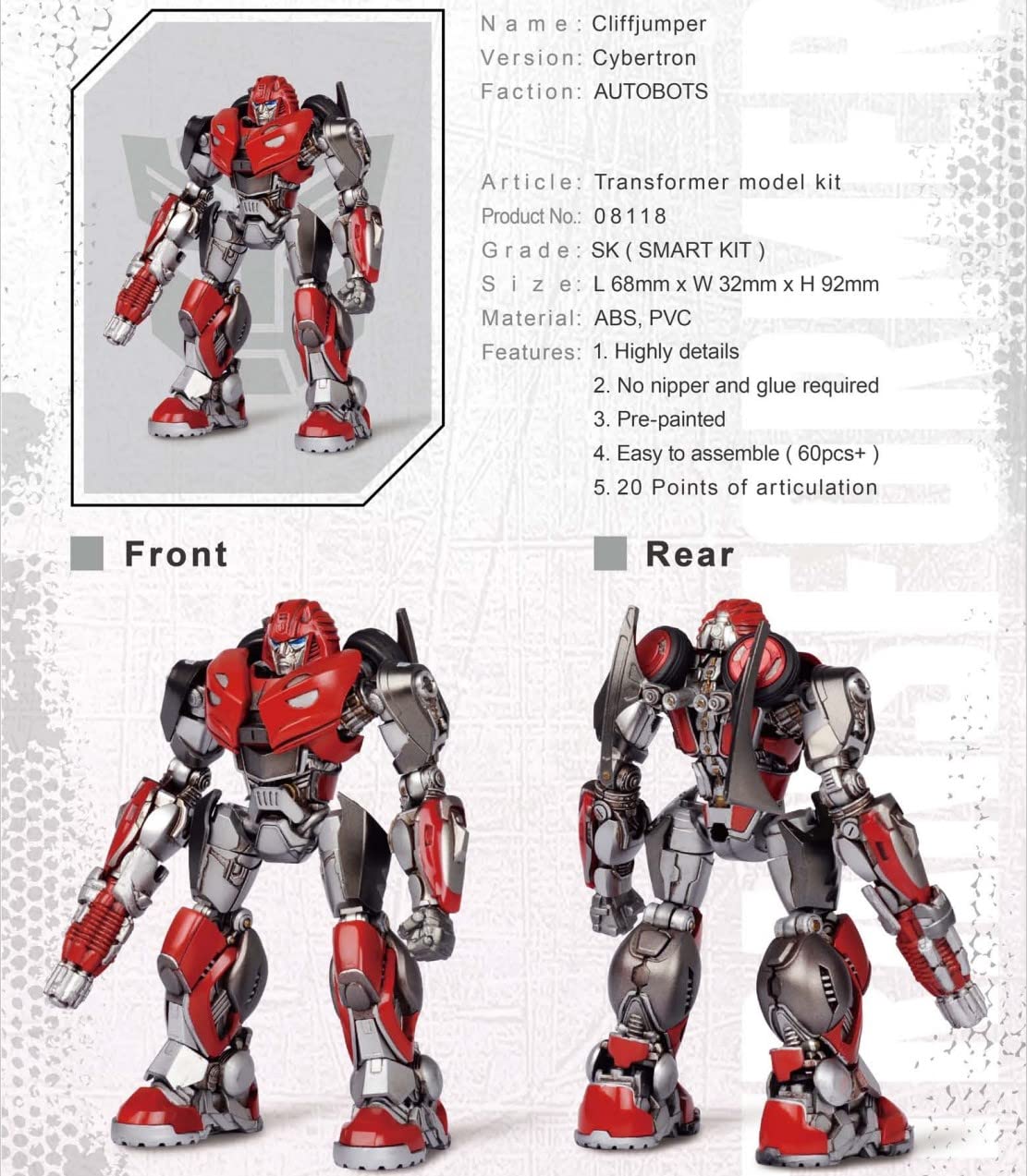 Transformers Cliffjumper Figure Model Kit - Cybertron Easy To Assemble 3D Articulated Action Pre Painted Collectible Series Toys