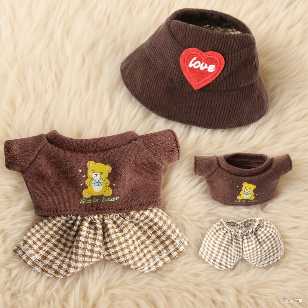 17 cm Doll Clothes 3-Piece Set Stylish Clothes for 17cm Doll enhanced Outfit with Accessories for Doll- Red Heart Brown Hat & Brown Bear Tshirt & Coffee Plaid Pants (NO Doll)