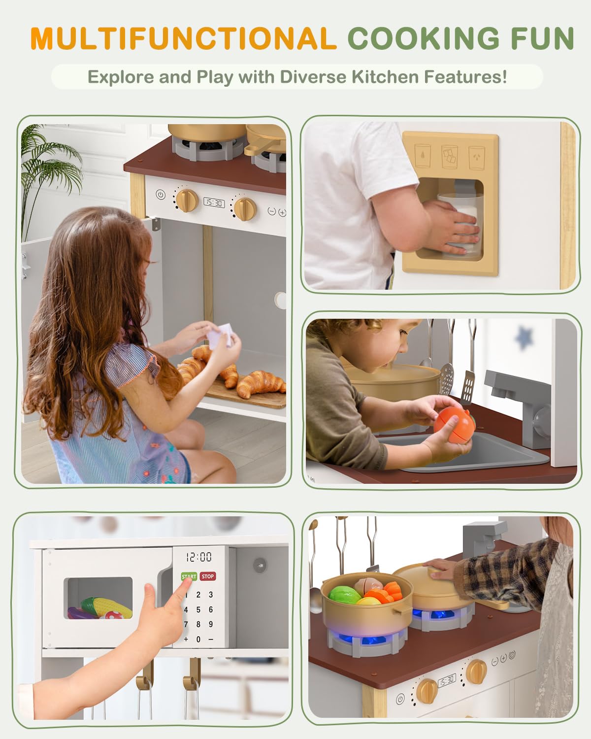 Babytronic Kids Play Kitchen, Wooden Kitchen Playset for Kids Ages 3+ with Real Lights, Sounds, Stove, Sink, Oven, and 30 Pcs Ac