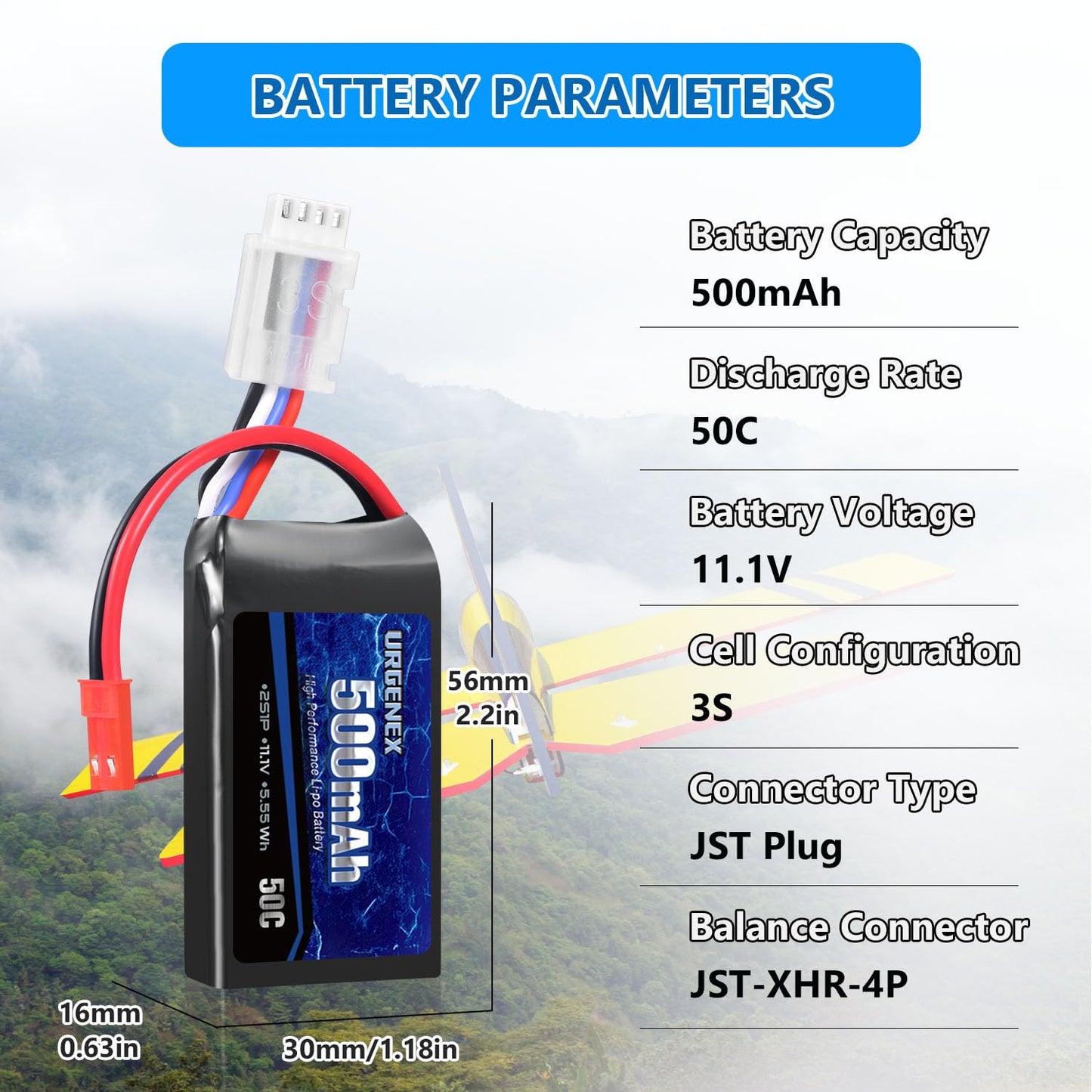 URGENEX 11.1V 500mAh Lipo Battery 3S 50C High Discharge Rate RC Battery Pack with JST Plug Rechargeable Lipos for RC Airplane Ra